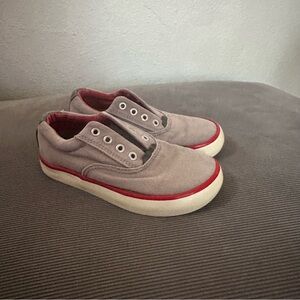 BOYS 8 KEEN canvas sneakers ~ slip on laceless Red Grey EUC